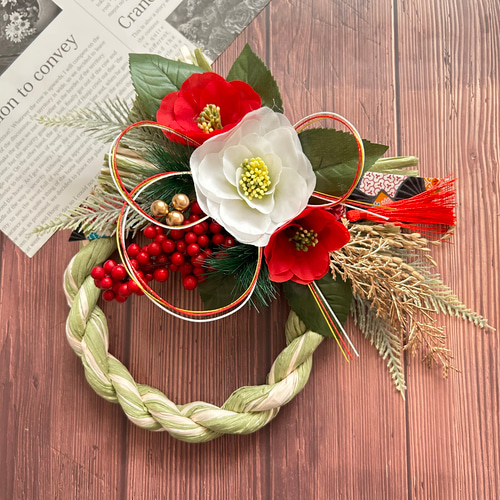 No.235 紅白椿と南天しめ縄リース2025 ハンドメイドお正月飾り玄関