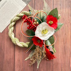 しめ縄リース　赤椿　白小薔薇　金扇　水引 しめ縄リース赤椿白小薔薇金扇水引