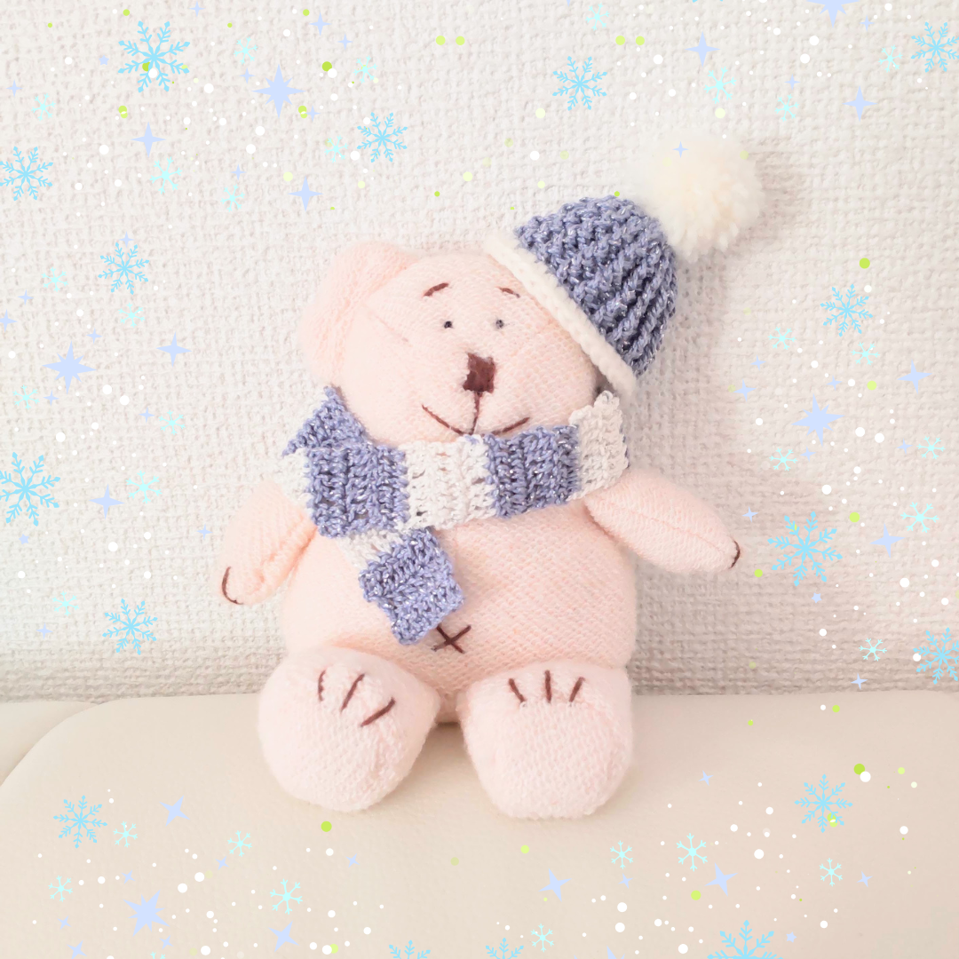 40cm テディベア　水色の帽子とマフラーの手編みぬいぐるみ