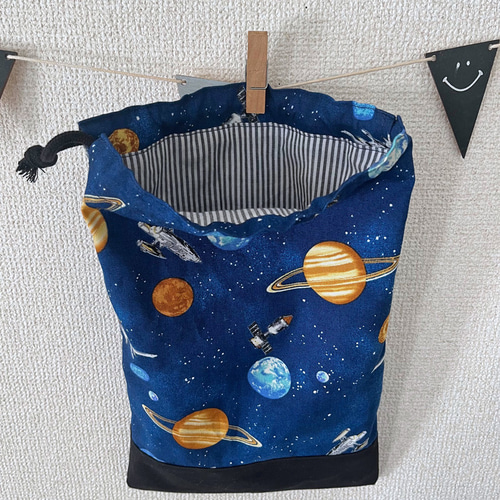 宇宙＆太陽系好きな男の子に！宇宙柄（ブルー）シューズ袋（上履き入れ 