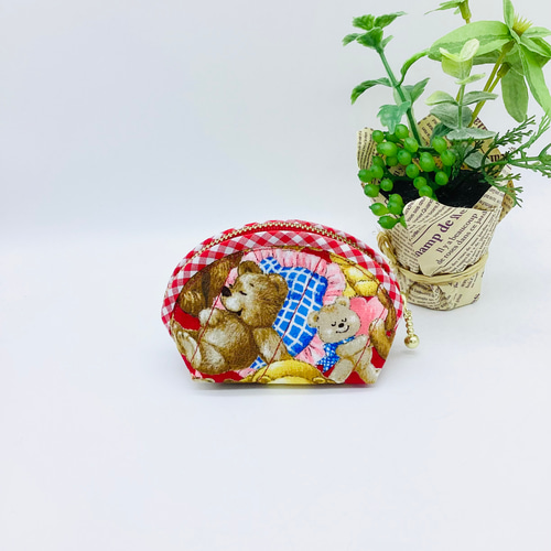 ミニポーチ☆レトロなくまさん＆ドット柄 テディベア（赤）小銭