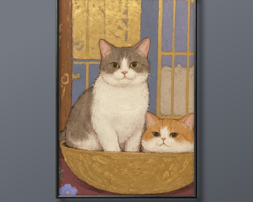 絵画 。壁掛け絵手描き【夕食の前、かわいい猫たち】 絵画 。壁掛け絵手描き【夕食の前、かわいい猫たち】 絵画