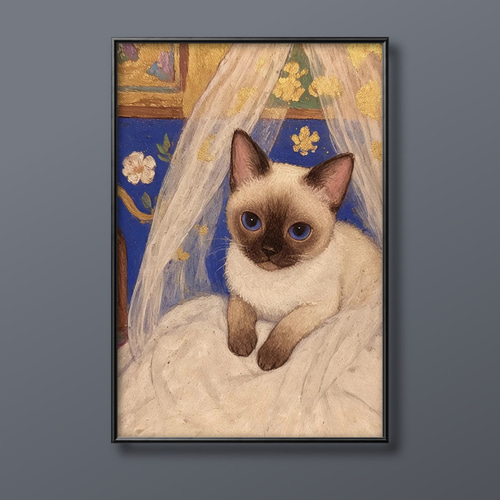 絵画。原画【コーヒーを飲んでいる優雅なシャム猫さん】 絵画