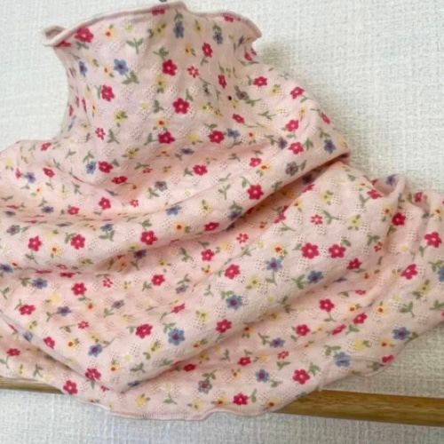 ベージュ&レッド花柄レースシングルウェーブ手作りネックウォーマー  