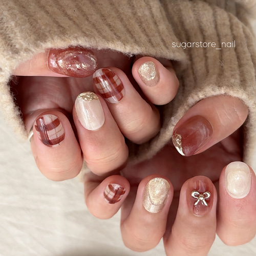 ネイルチップ クリスマス限定デザイン ボルドーチェック リボンネイル