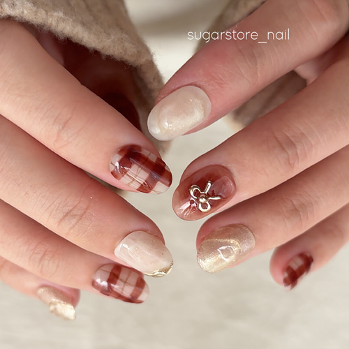 ネイルチップ クリスマス限定デザイン ボルドーチェック リボンネイル