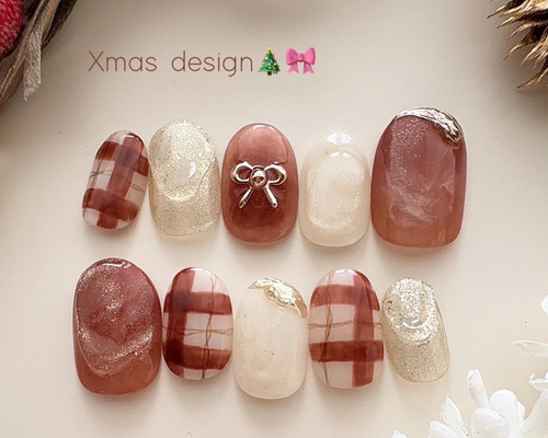 ネイルチップ オーダー 冬 チェック 韓国 ニット ベージュ ブラウン