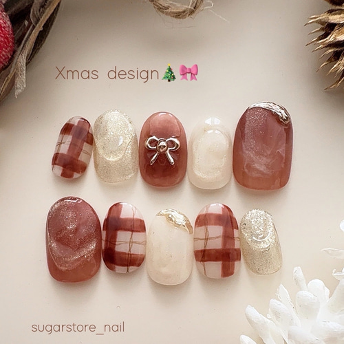 ネイルチップ クリスマス限定デザイン ボルドーチェック リボン