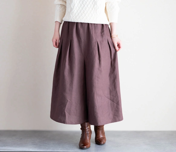 エレガントなタックギャザーパンツ　上質リネン　アズキ　ブラウン　スッキリ見えスカートシルエット　マイサイズ仕立て対応