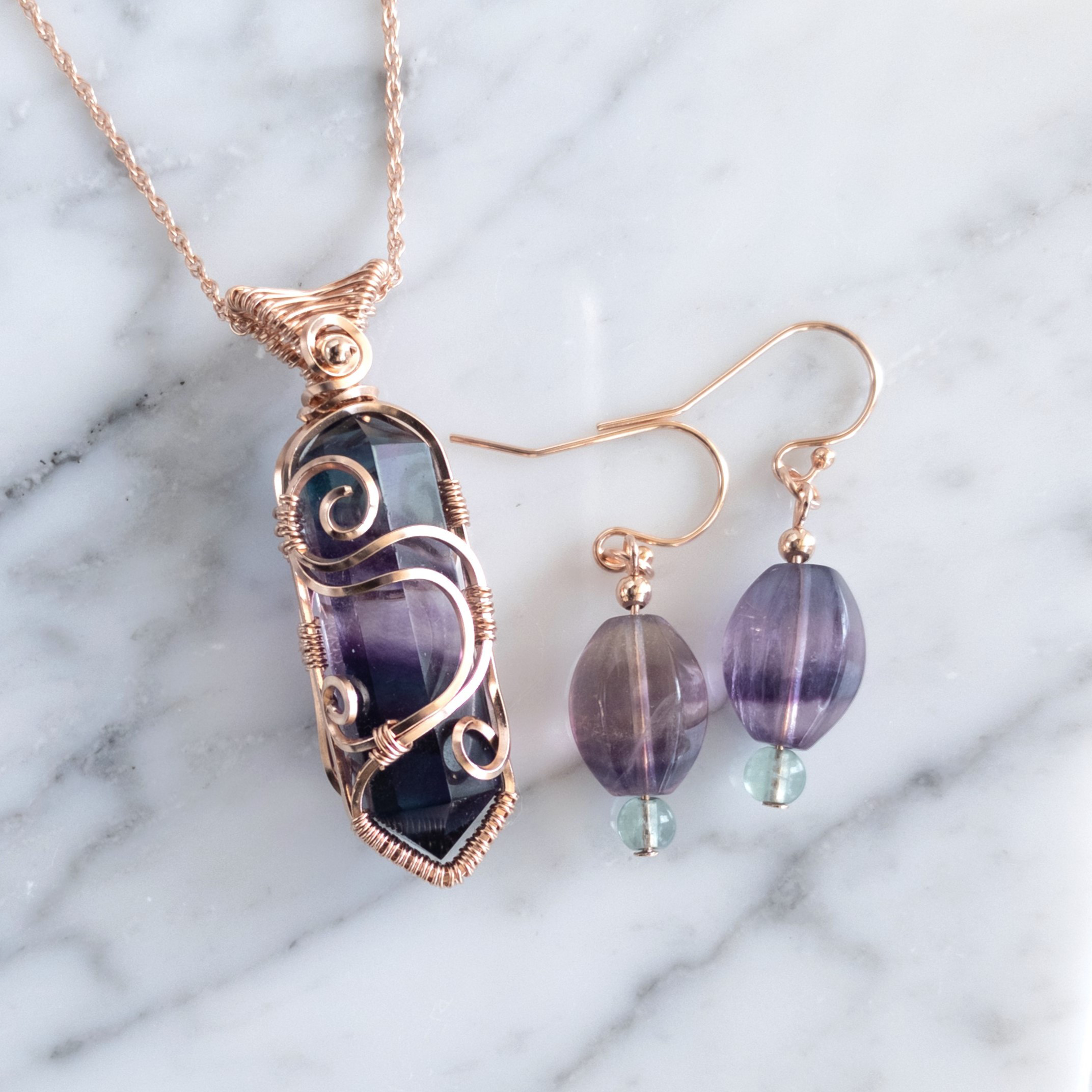 ＜フローライト＞アミュレット ペンダント（S size）14kgf （ローズゴールド）&ピアス セット