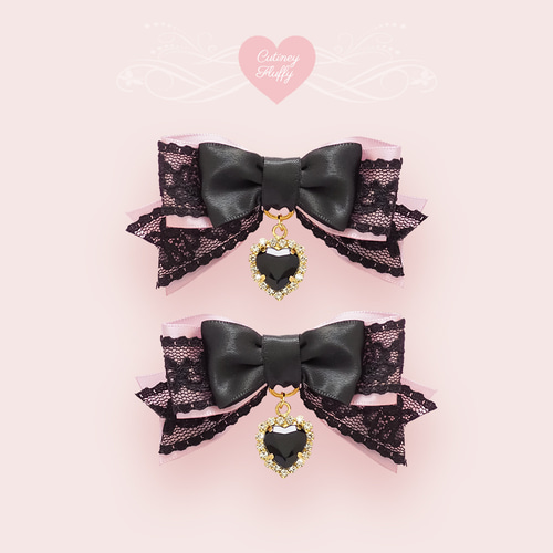 dimmoire 安全ピン×フリルリボン ヘアクリップ Black Dimmoire ヘアクリップ 安全ピン フリルリボン Black&White