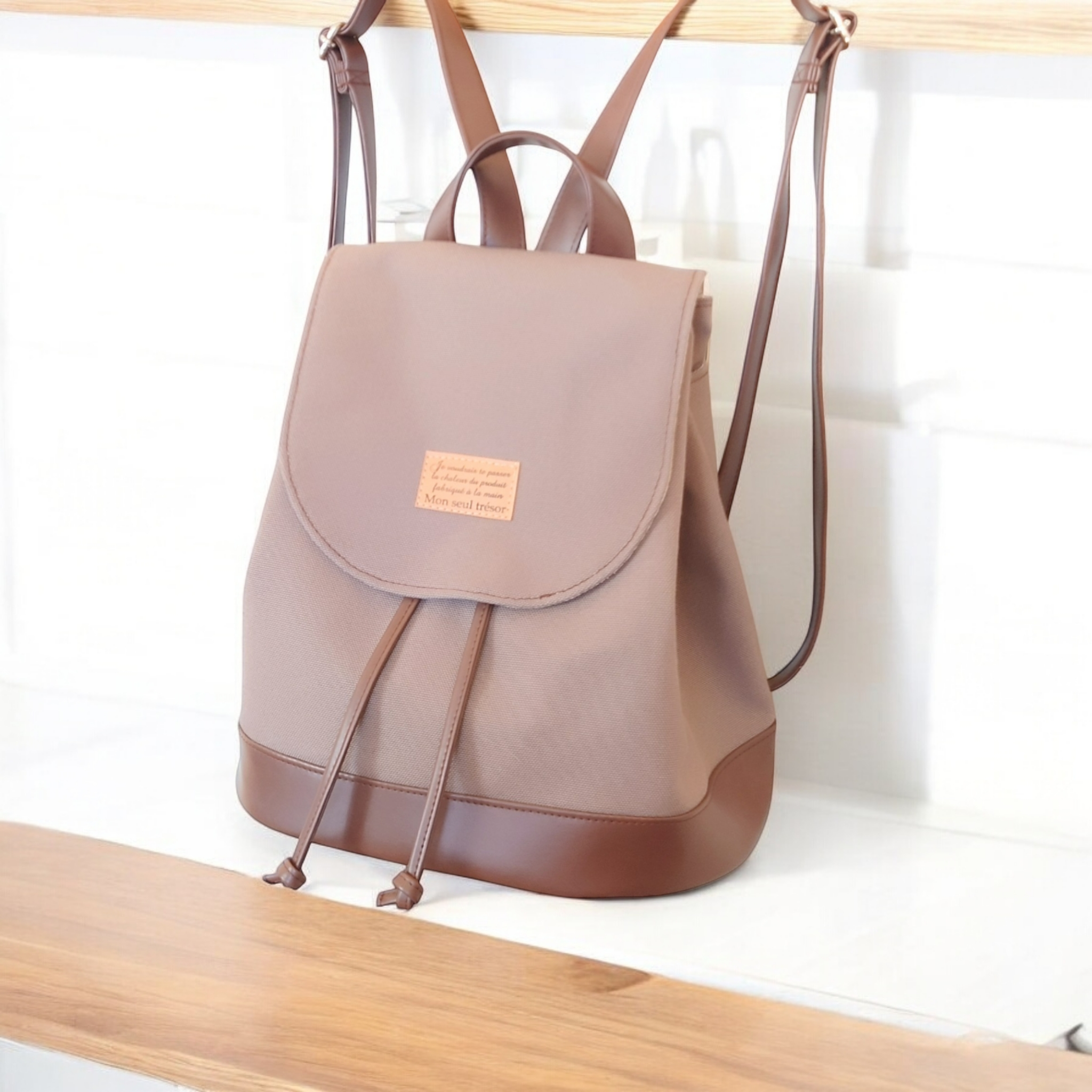 マッドブラウン帆布と焦げ茶レザーのリュック（大）（3way）(受注製作)