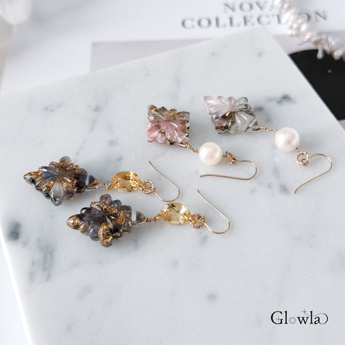 銀箔入りトリプレット フラワーカービングピアス フィリグリー フラワー ピアス 美しい手仕事の繊細な銀線細工 ジョグ