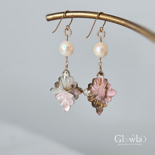 マルモ◆水晶×ピンクゴールド箔トリプレットストーンピアス マルモ様専用◇水晶×ピンクゴールド箔トリプレットストーンピアス