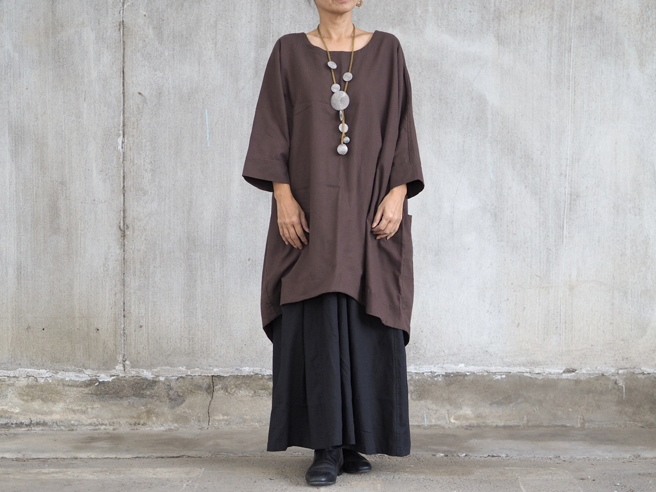 ふわっと起毛コットン、ポケット付きチュニックシャツ/ブラウン
