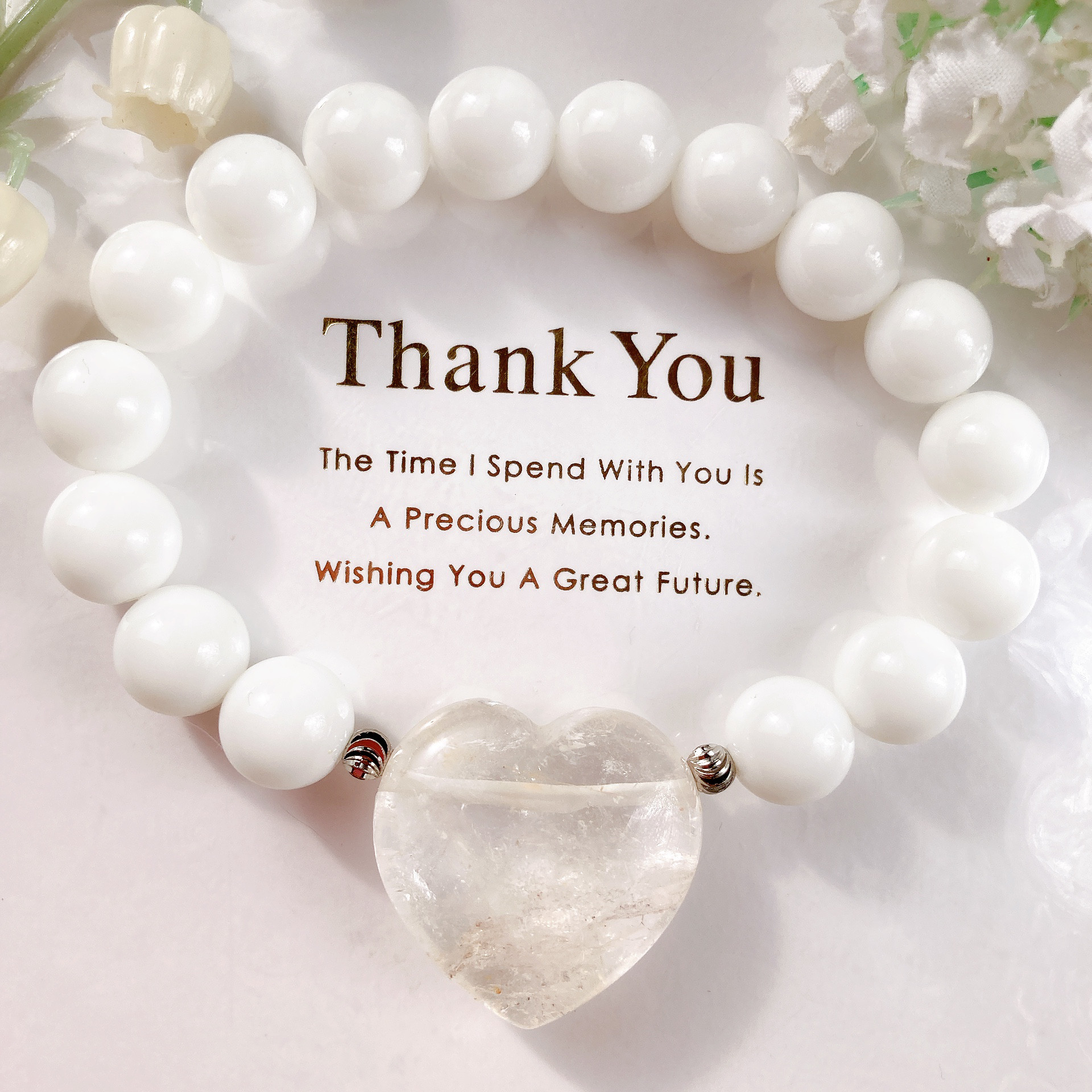 大粒水晶ハートちゃんホワイトオニキス天然石ブレスレット