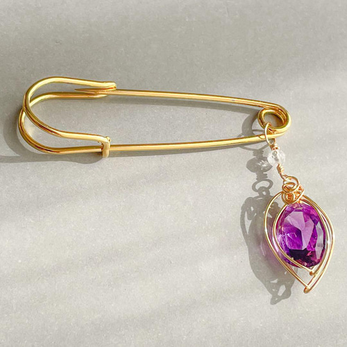 アメジストのピンブローチ ワイヤーラッピング ストール留め