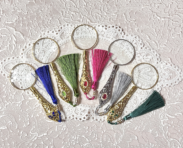 ジュエリールーペ　おしゃれ　ルーペ　エレガント　拡大鏡　アンティーク　ビジュー  パール　ハンドルーペ　金色　銀色 1枚目の画像