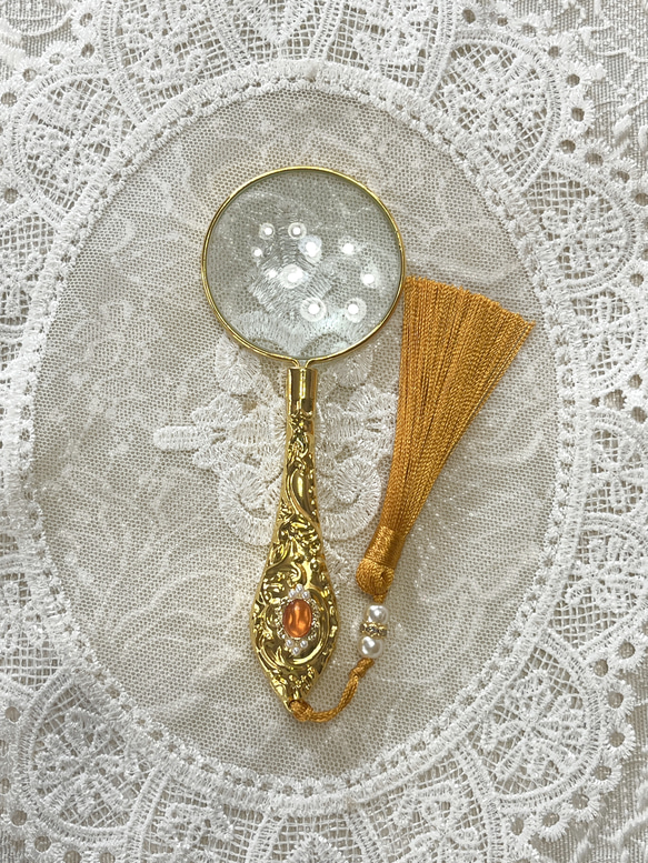 ジュエリールーペ　おしゃれ　ルーペ　エレガント　拡大鏡　アンティーク　ビジュー  パール　ハンドルーペ　金色　銀色 6枚目の画像