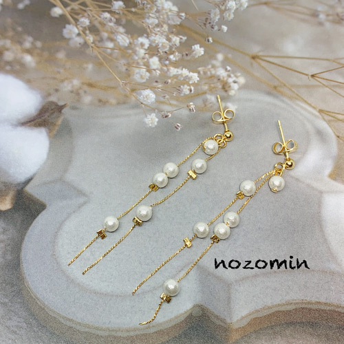 コットンパールのエレガンスチェーンピアス ハンドメイド ピアス