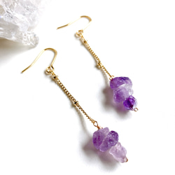 天然石アメジスト3連チェーンピアス/イヤリング 2枚目の画像