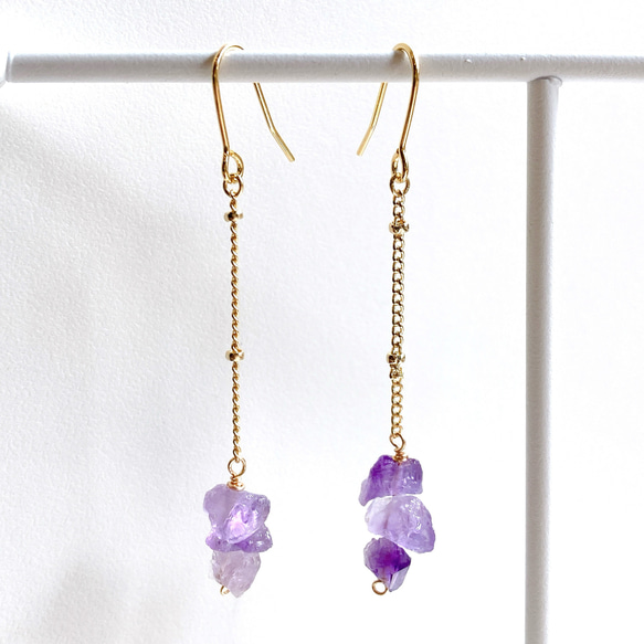 天然石アメジスト3連チェーンピアス/イヤリング 4枚目の画像