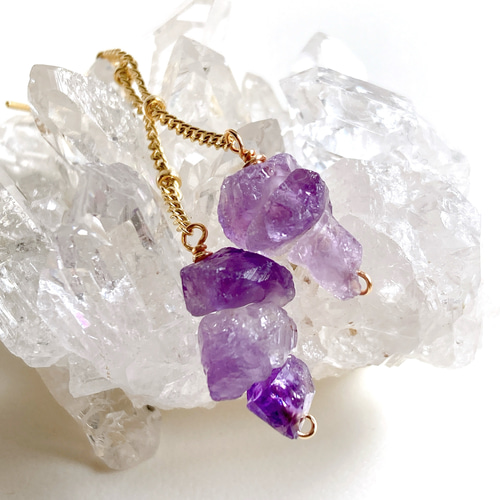 天然石アメジスト3連チェーンピアス/イヤリング ピアス（フック