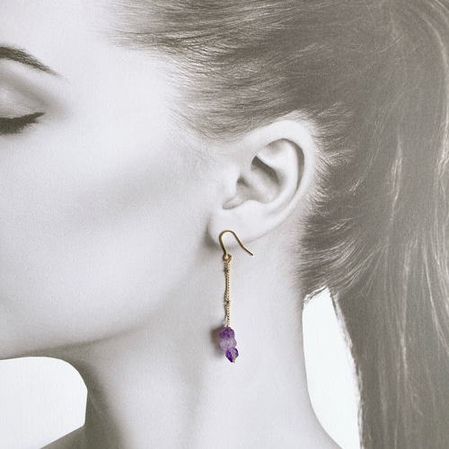 天然石アメジスト3連チェーンピアス/イヤリング ピアス（フック