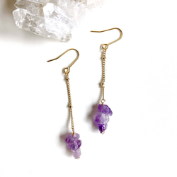 天然石アメジスト3連チェーンピアス/イヤリング ピアス（フック