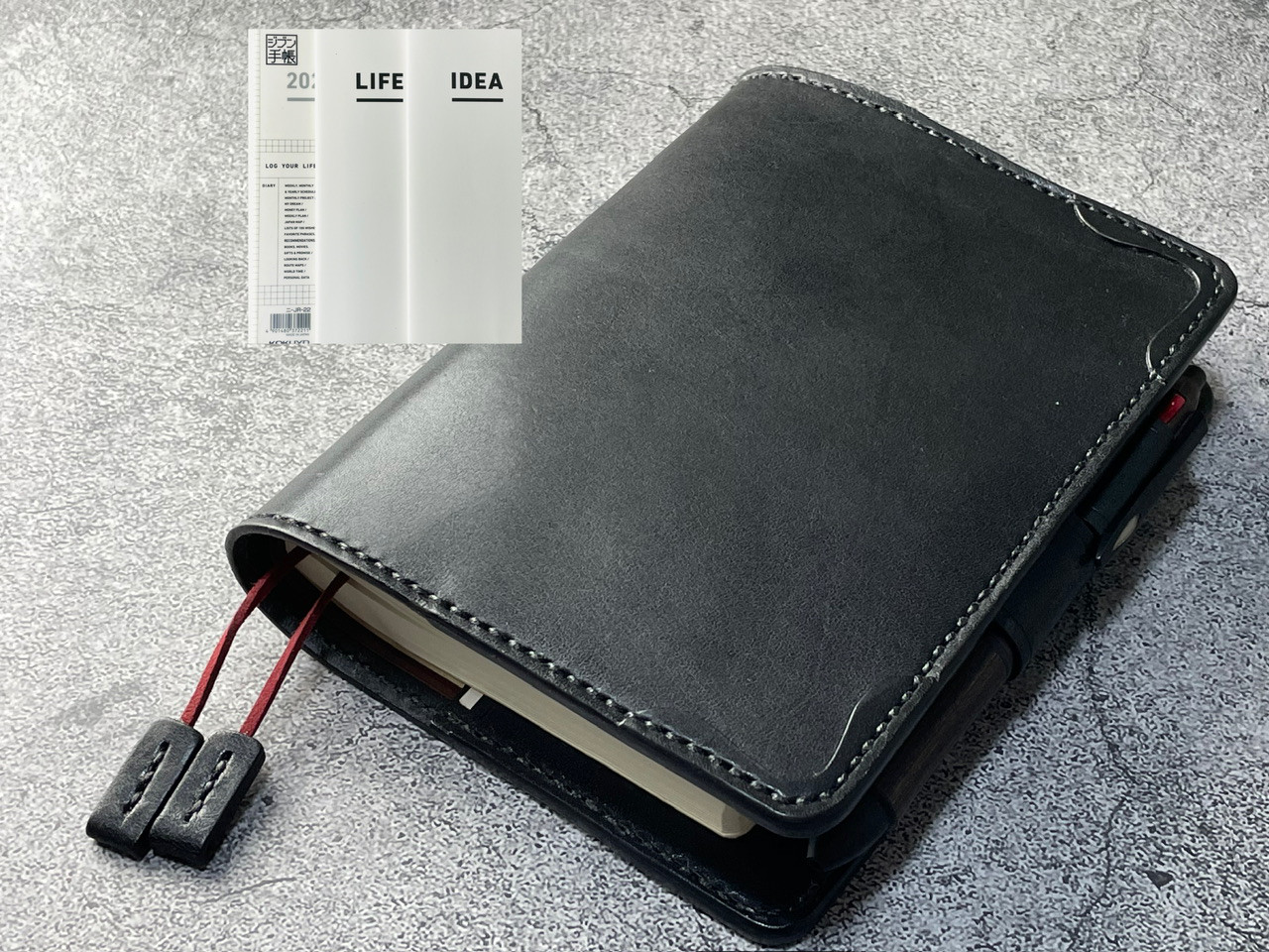 【手縫】ジブン手帳B6スリムmini 用ブラック黒色本革手帳カバー（バタフライストッパー） IDEA/LIFE も収納可