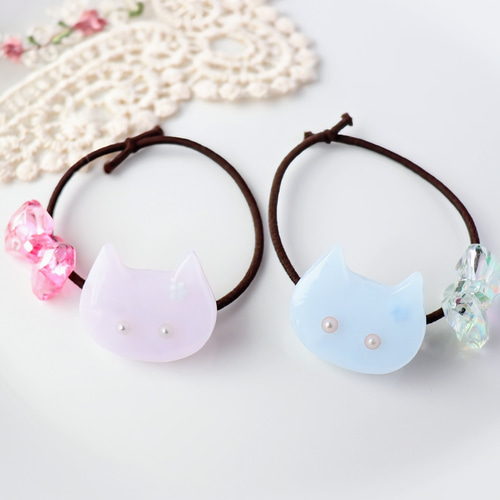 ヘアゴム】2個セット ねこ リボン 取り替え可能 レジン ヘアゴム