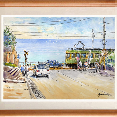 水彩画原画　鎌倉高校前踏切風景　＃649 注文制作します・ 水彩画原画 鎌倉高校前踏切風景 #649」 by