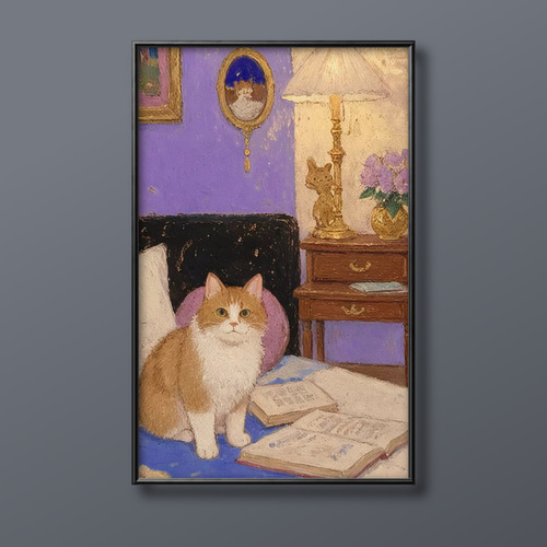 絵画 | イラストポスター 102 ☆ 【勉強机の上にいるかわいい猫】 絵画