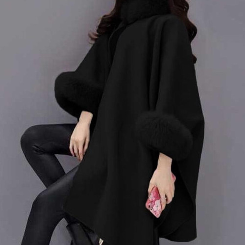 ファー付き ポンチョ コート 黒 ファー付き黒ポンチョ・ケープコート