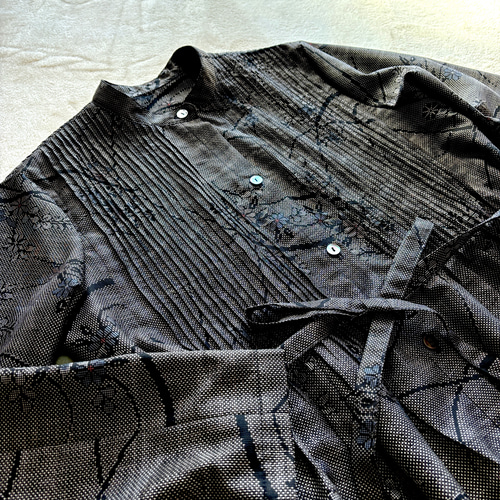 大島紬のピンタックワンピース シャツワンピース 茶花 着物リメイク  