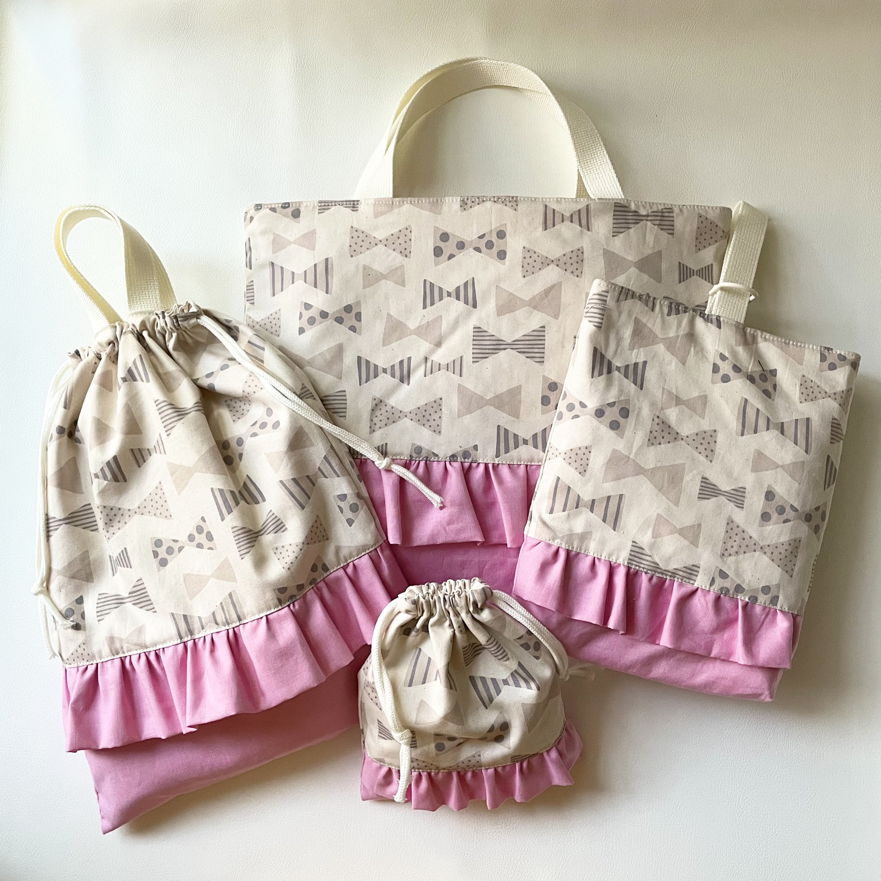 入園入学4点セット　手書き風リボン×甘いフリルのデザインバッグ　ピンク