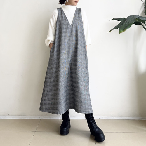 グレンチェック柄 VカットAラインジャンパースカート 暖か素材