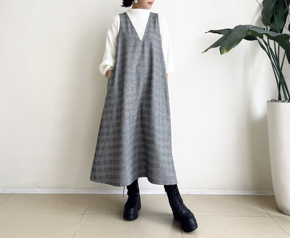 グレンチェック柄 VカットAラインジャンパースカート 暖か素材