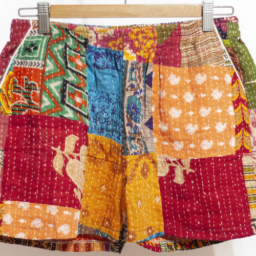 手縫いサリーパッチワークコットンショートパンツ インド綿