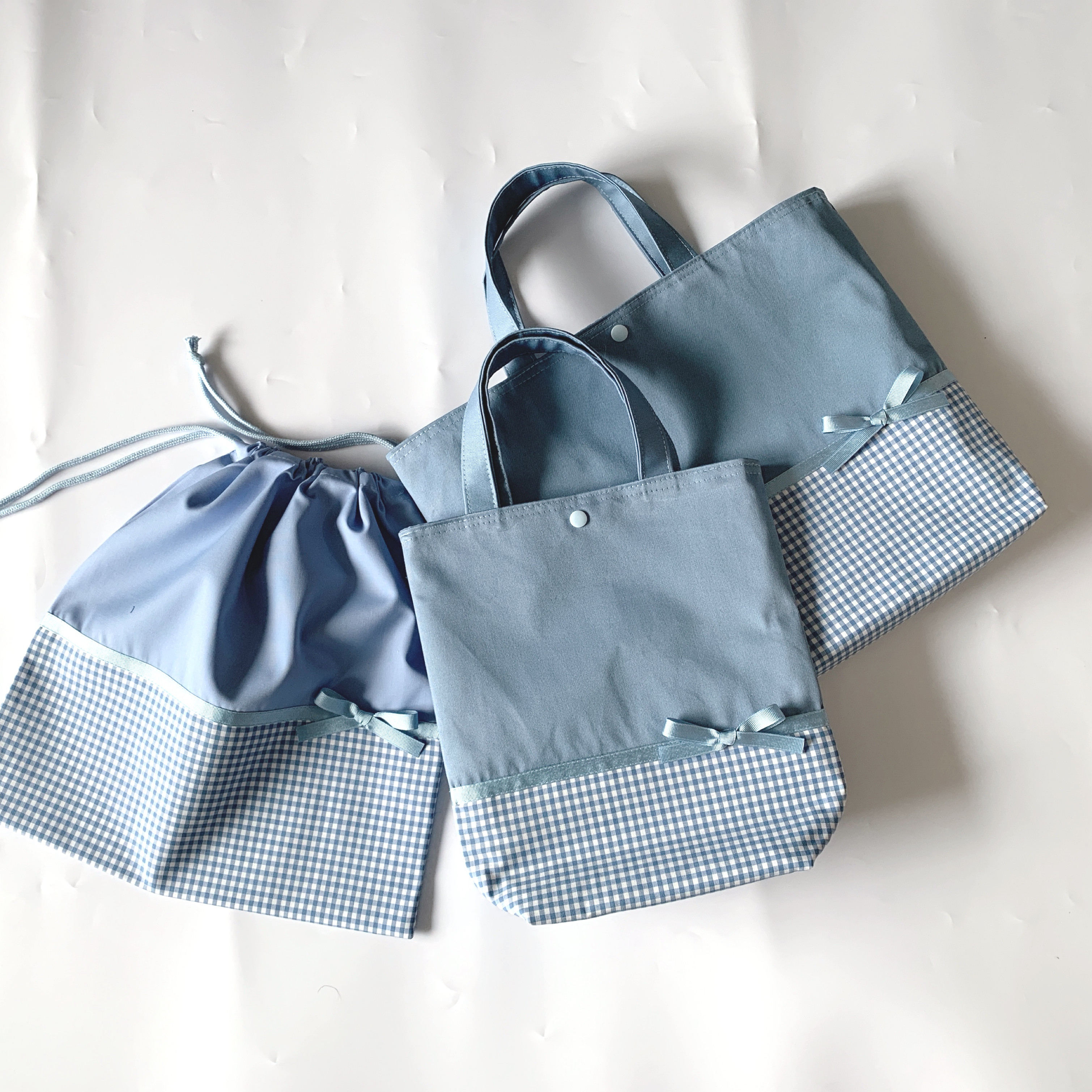 通学通園3点セット　ライトブルーリボン付き×ギンガム