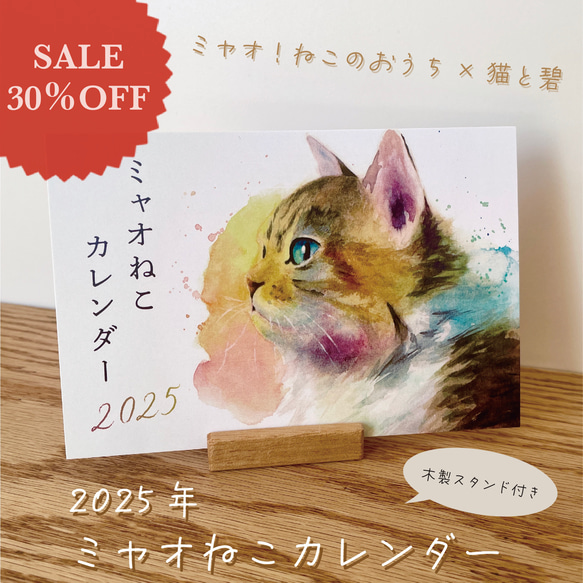 【新春SALE 1,300円→910円】2025 猫の水彩画卓上カレンダー 1枚目の画像