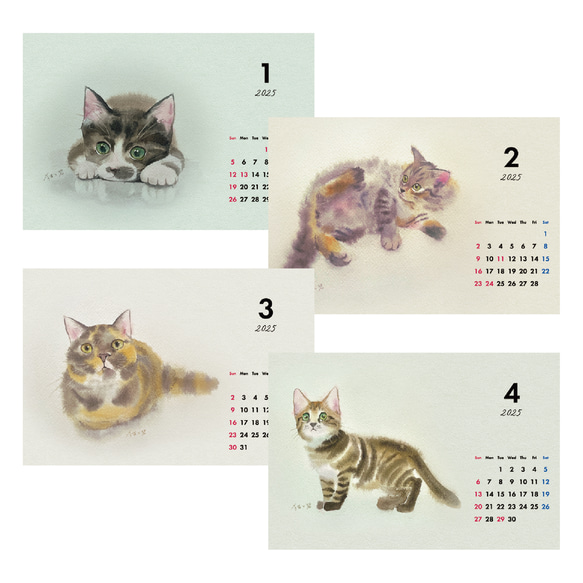 【新春SALE 1,300円→910円】2025 猫の水彩画卓上カレンダー 5枚目の画像