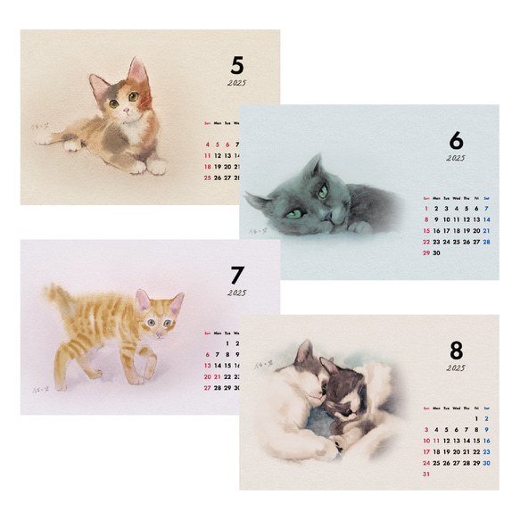 【新春SALE 1,300円→910円】2025 猫の水彩画卓上カレンダー 6枚目の画像
