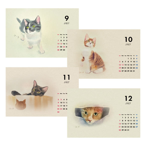 【新春SALE 1,300円→910円】2025 猫の水彩画卓上カレンダー 7枚目の画像