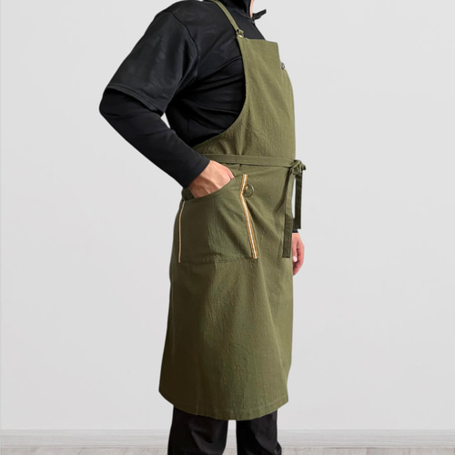 発送3日以内 カーキ エプロン 表地で吸水・裏地で水から守るタイプ