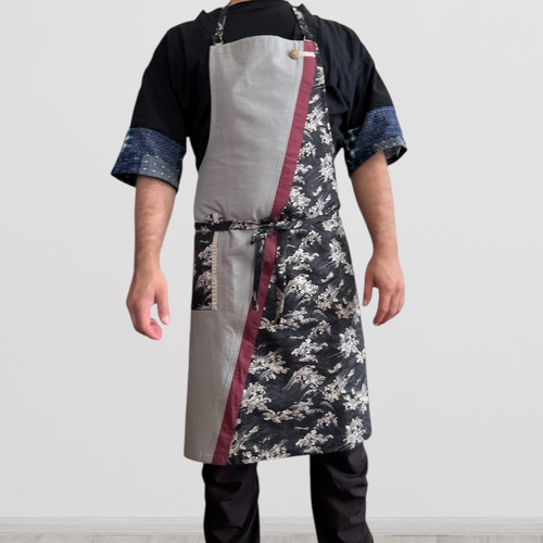 発送7日以内】和モダンエプロン 波頭紋様 ✴︎ 表地で吸水・裏地で水