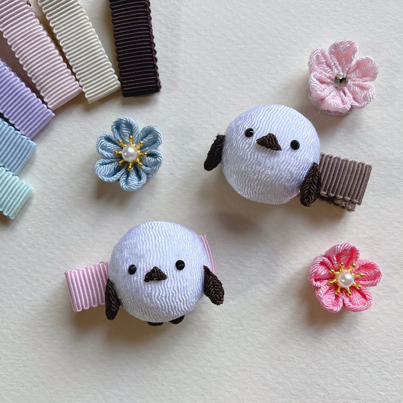 ぷっくりシマエナガの髪飾り○ちりめん細工 つまみ細工○ ヘア