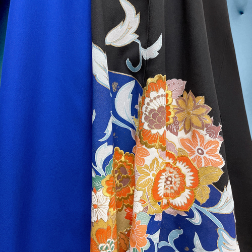 黒留袖 ブルーアクセントカラー ワンピース ロング 着物リメイク 衣装