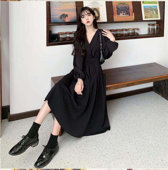 近年 秋冬大人気ワンピース✨42サイズ・タグ付き 大きいサイズ レディース ウエストマークブラックワンピース