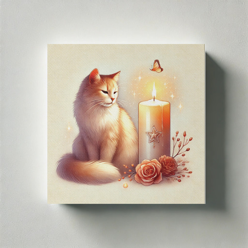 ✨ ツルネ ✨ まねきねこ ダブルチャンス アート ボード キャンバスパネル 幸運と愛を呼ぶキャンドルを見つめる猫ちゃんの癒しアート